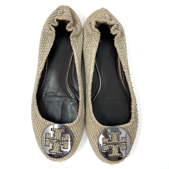 Tory Burch Reva Storm Grey Leather Distressed Python Snake Ballet Flats Size 8.5 - Picture 2 of 10